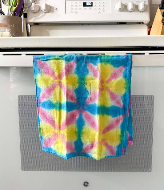 Teal, Yellow & Pink Shibori Like Tie Dyed Tea Towels