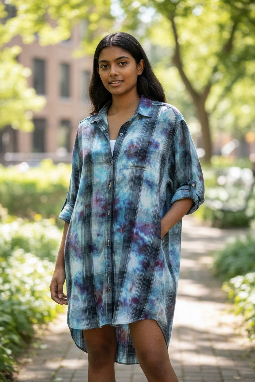 Adult Large Upcycled Buttondown Lightweight Tie Dye Dress With Belt