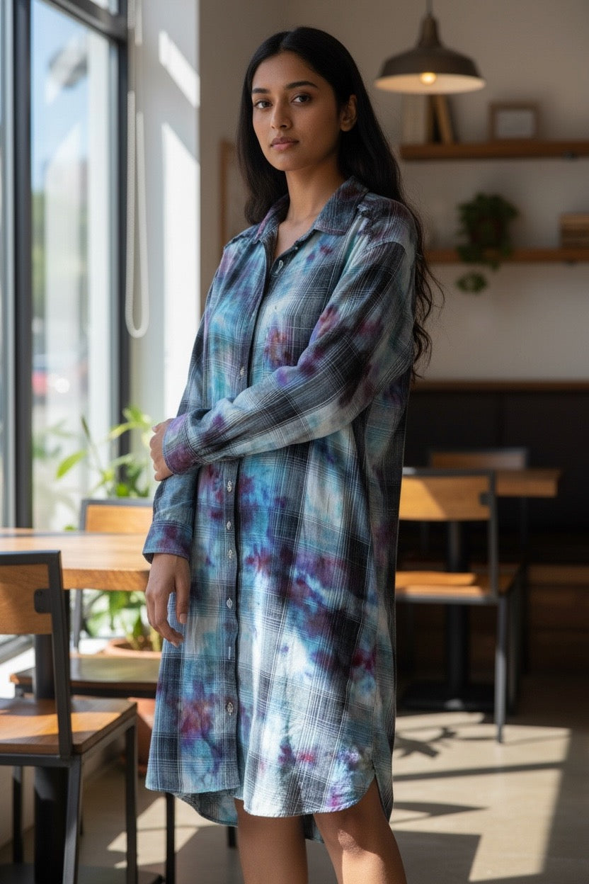 Adult Large Upcycled Buttondown Lightweight Tie Dye Dress With Belt