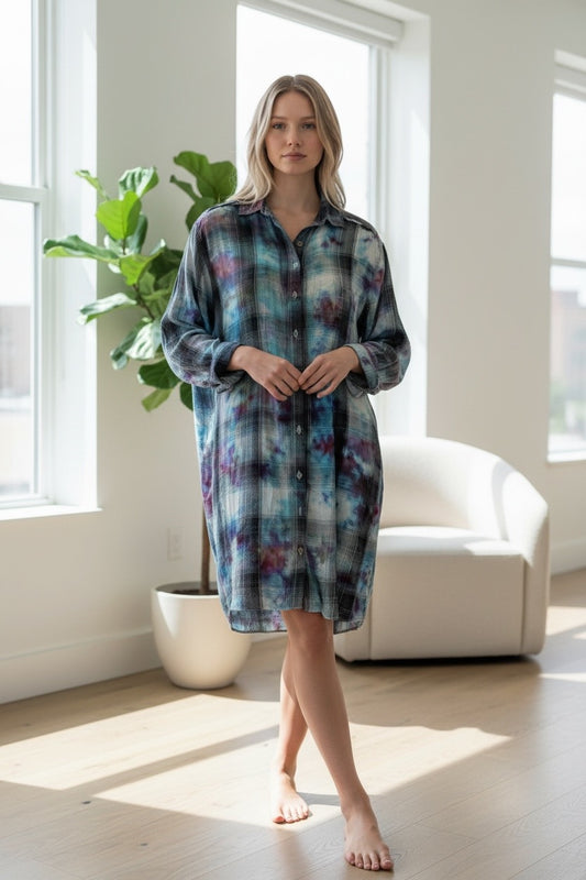 Adult Large Upcycled Buttondown Lightweight Tie Dye Dress With Belt
