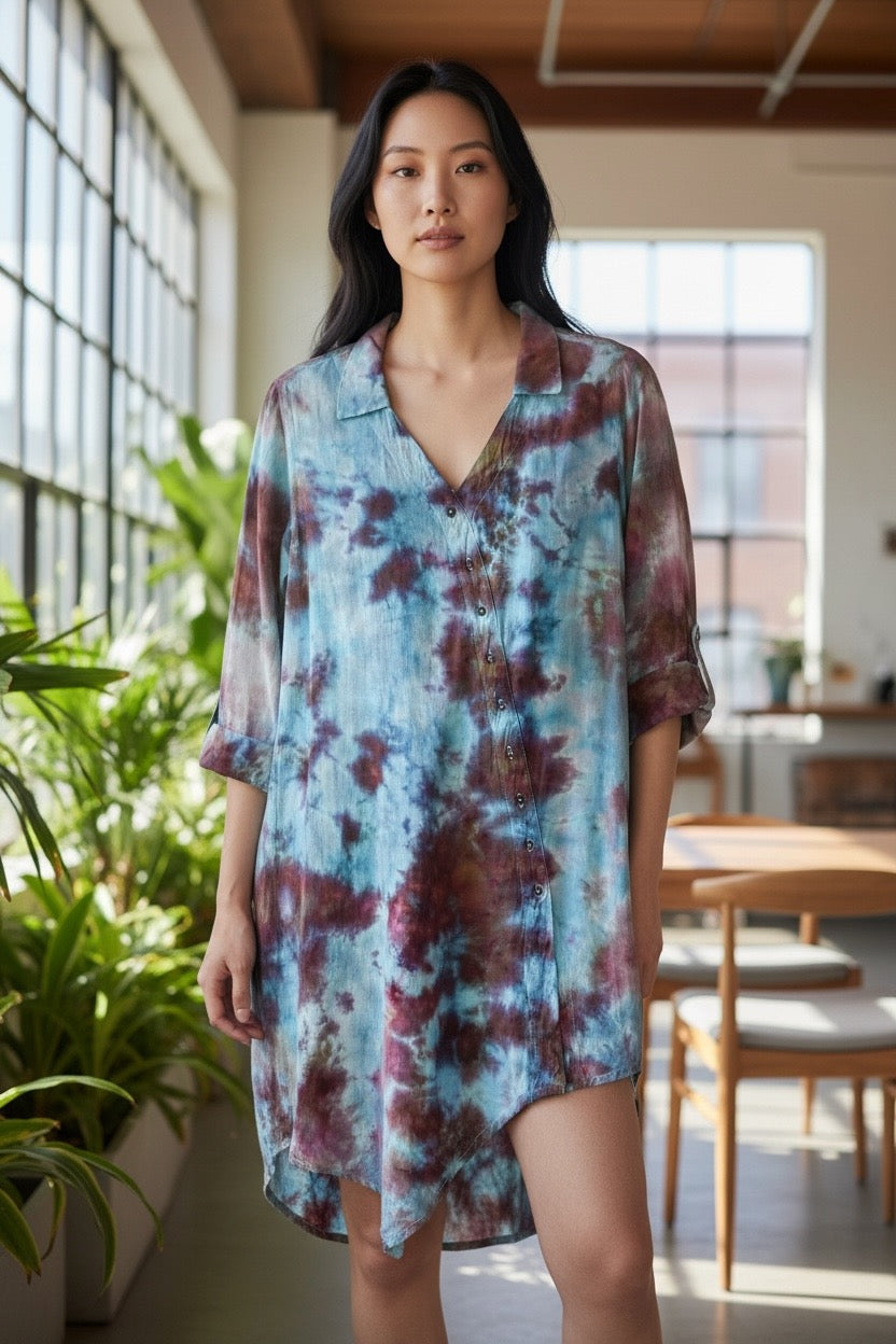 Adult Large Upcycled Buttondown Lightweight Tie Dye Dress