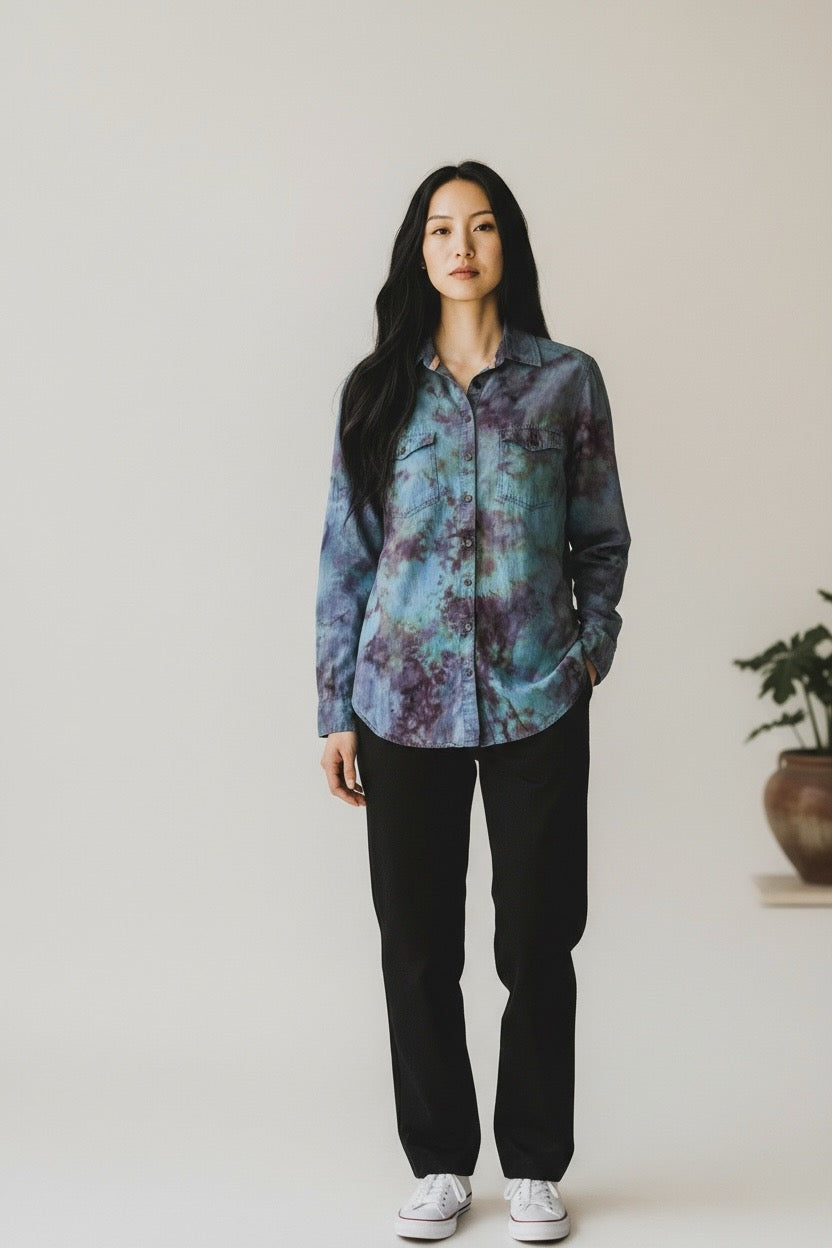 Large Long Sleeve Upcycled Denim Like Tie Dyed Button Down With Lace Back