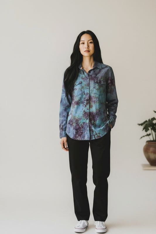 Large Long Sleeve Upcycled Denim Like Tie Dyed Button Down With Lace Back