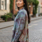 Large Long Sleeve Upcycled Denim Like Tie Dyed Button Down With Lace Back