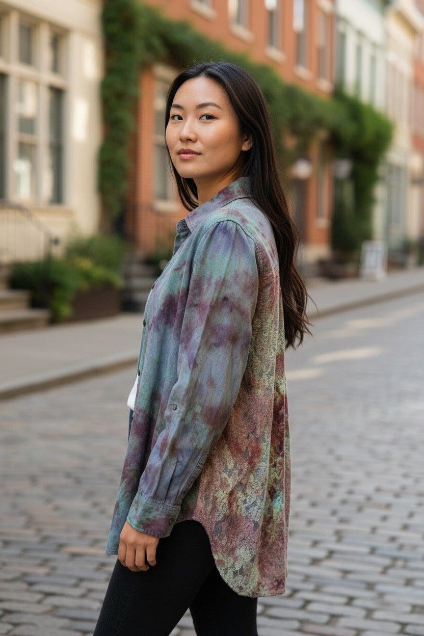 Large Long Sleeve Upcycled Denim Like Tie Dyed Button Down With Lace Back