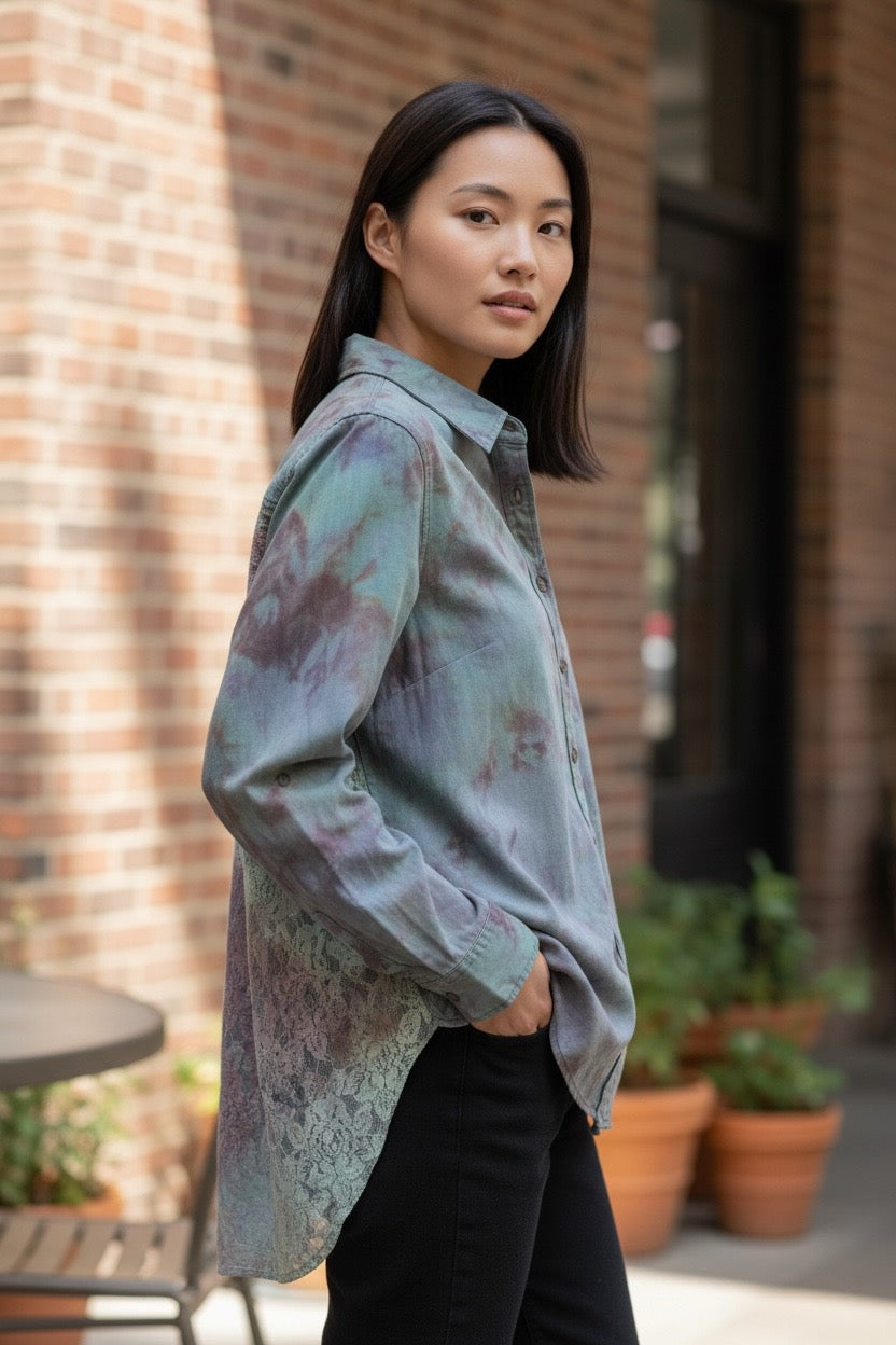 Large Long Sleeve Upcycled Denim Like Tie Dyed Button Down With Lace Back