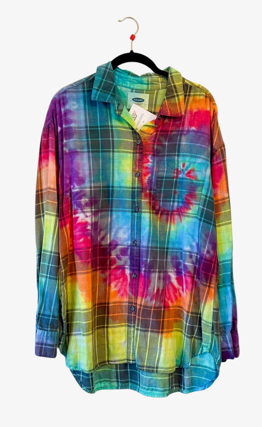 Old Navy Large Long Sleeve Upcycled Flannel Tie Dyed Button Down