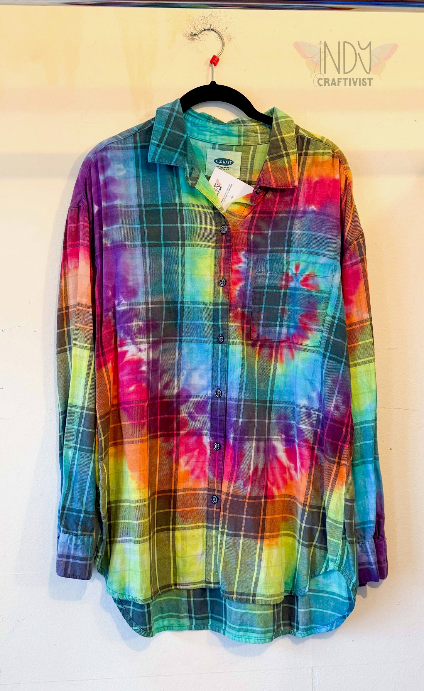 Old Navy Large Long Sleeve Upcycled Flannel Tie Dyed Button Down