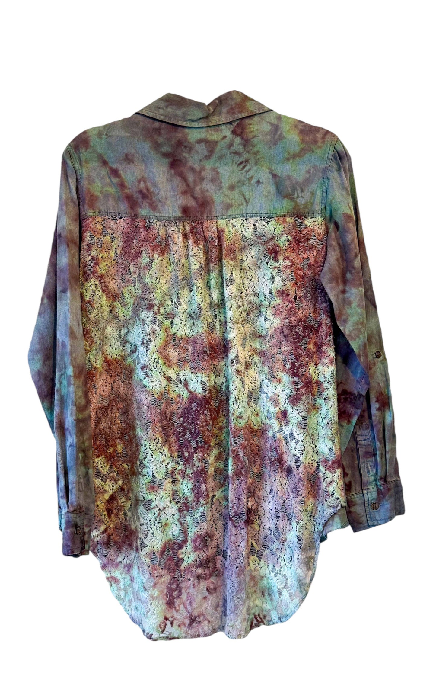 Large Long Sleeve Upcycled Denim Like Tie Dyed Button Down With Lace Back