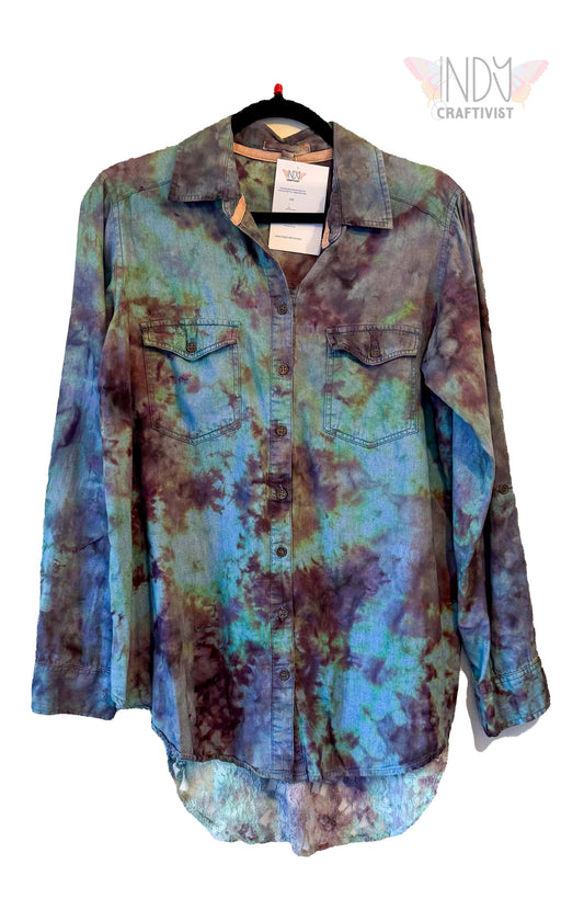 IZOD Large Long Sleeve Upcycled  Flannel Tie Dyed Button Down