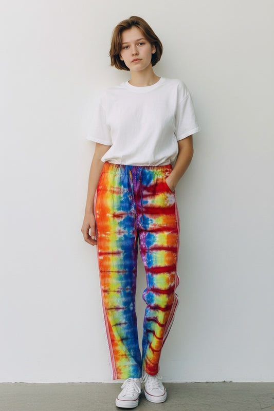 Large Linen-Like Rainbow Tie Dyed Pants with Pockets