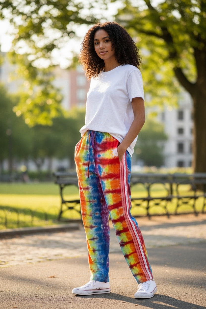 Large Linen-Like Rainbow Tie Dyed Pants with Pockets