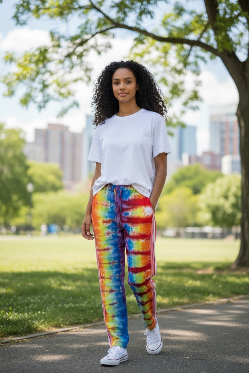 Large Linen-Like Rainbow Tie Dyed Pants with Pockets