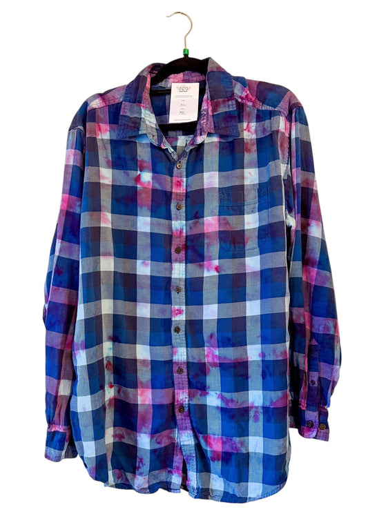 Blue Extra Large Long Sleeve Upcycled Tie Dyed Lightweight Flannel Button Down