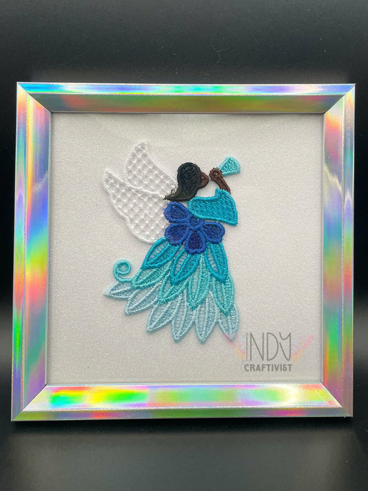 Octavia Blue Embroidered Angel Framed Wall Art