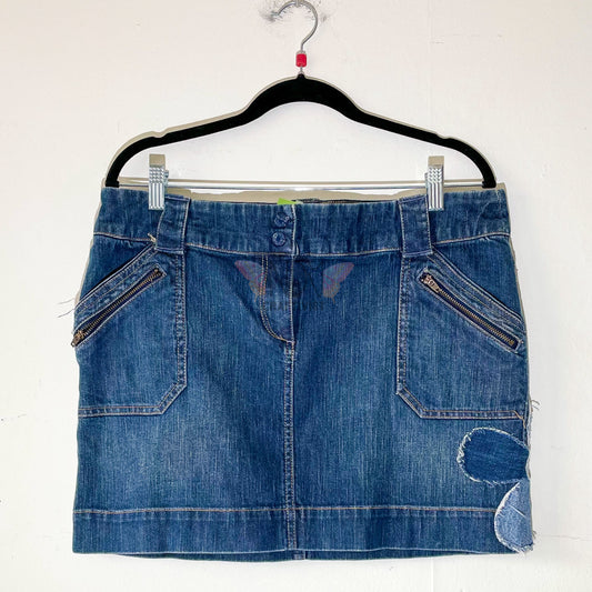 New York and Company Upcycled Denim Skirt with flower detail