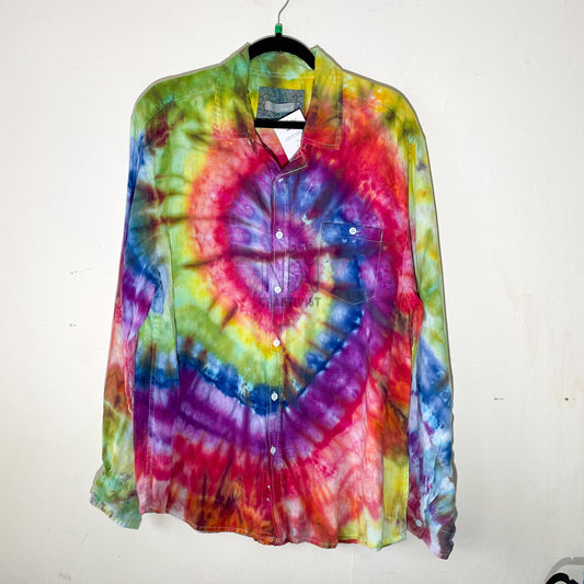 Extra Large Long Sleeve Upcycled Linen Tie Dye Button Down