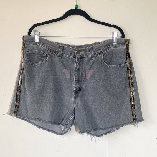 Relax Fit Black Upcycled Denim Shorts with Metallic Gold Trim