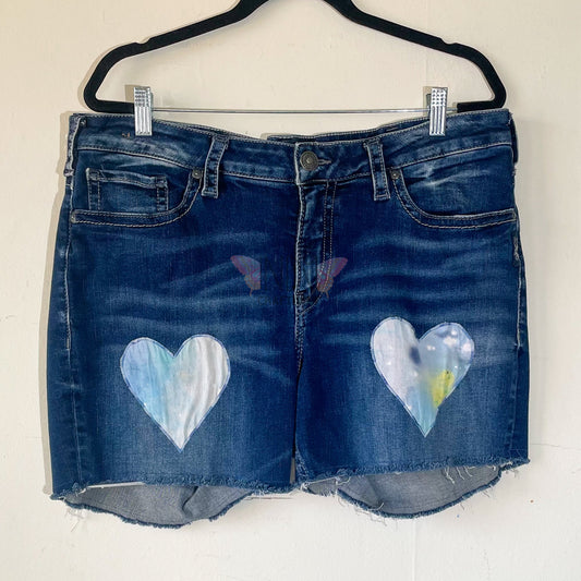 Silver Upcycled Denim Shorts with Heart Detail