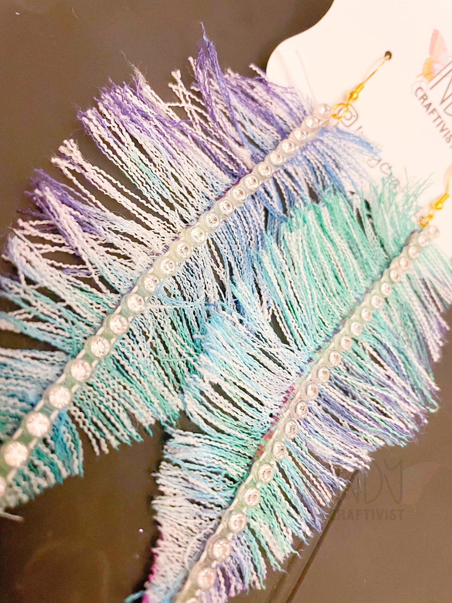 Teal and Purple Denim Feather Earrings with Rhinestone Trim
