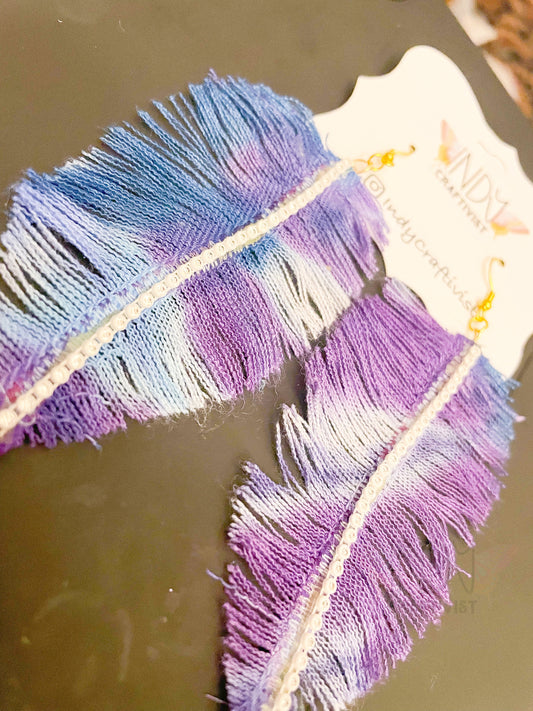 Tie Dyed Denim Feather Earrings with Rhinestone Trim