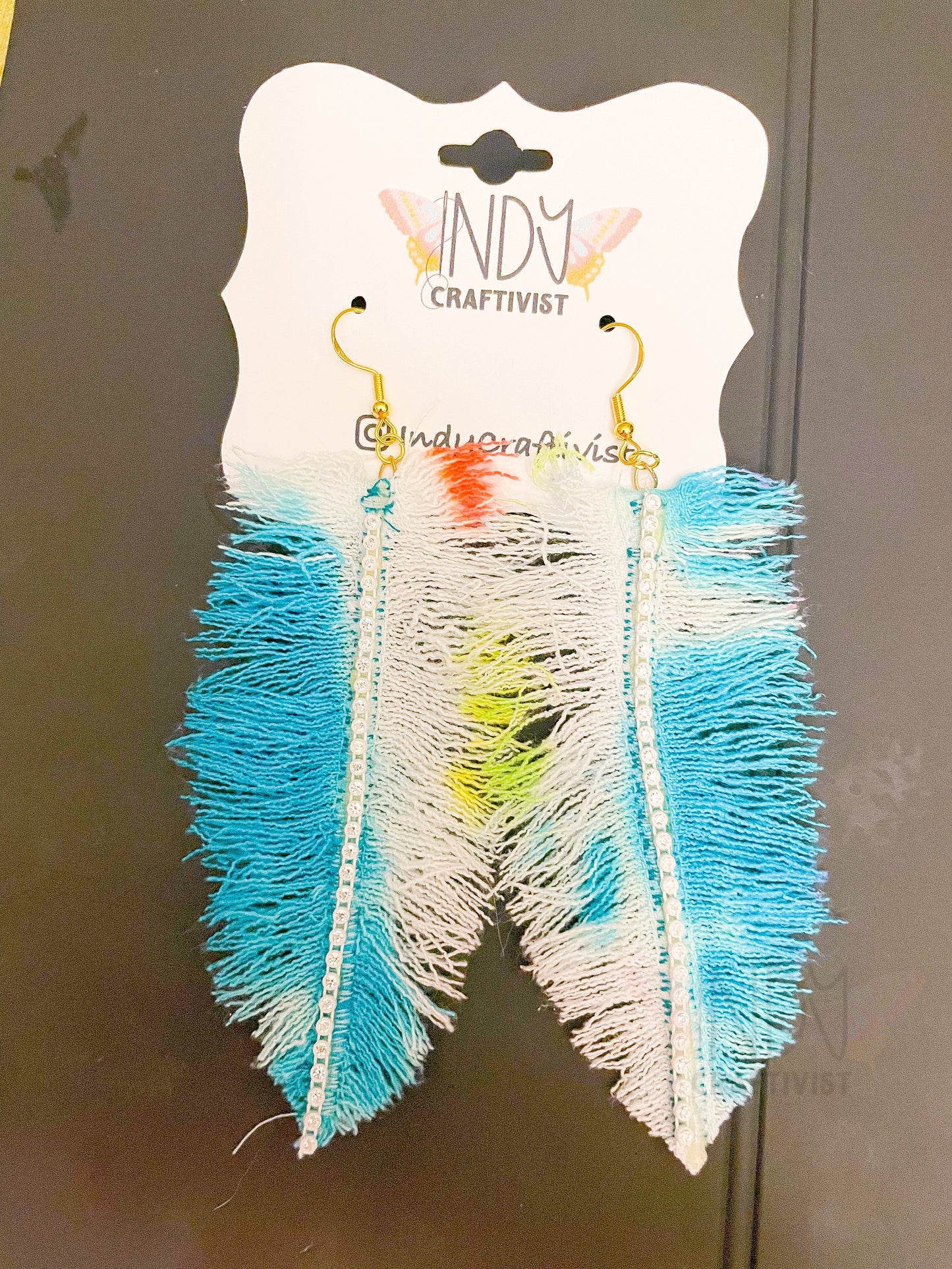 Teal Tie Dyed Denim Feather Earrings with Rhinestone Trim