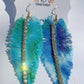 Teal Tie Dyed Denim Feather Earrings with Rhinestone Trim