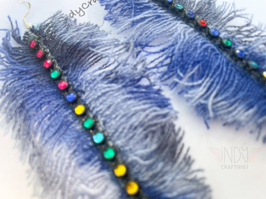 Tie Dyed Denim Feather Earrings with Rainbow Trim