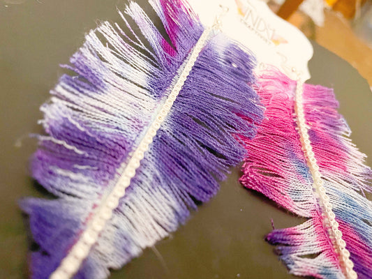 Pink & Purple Denim Feather Earrings with Rhinestone Trim