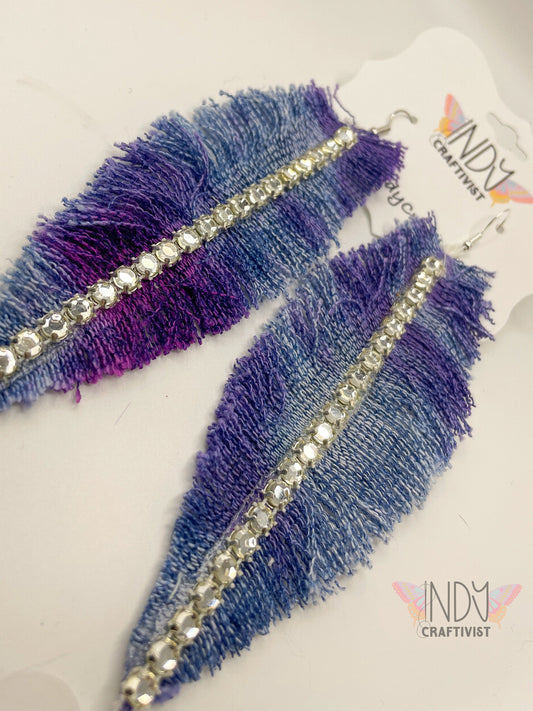 Purple & Blue Tie Dyed Denim Feather Earrings with Rhinestone Trim