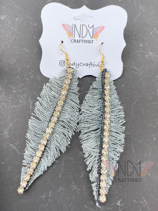 Denim Feather Earrings with Rhinestone Trim