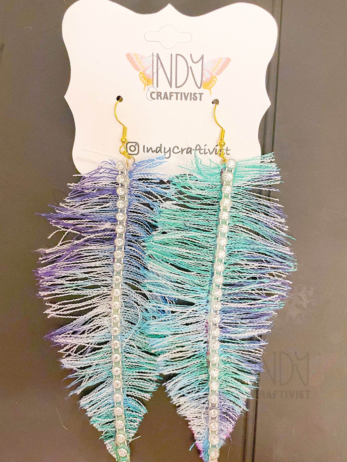 Teal and Purple Denim Feather Earrings with Rhinestone Trim