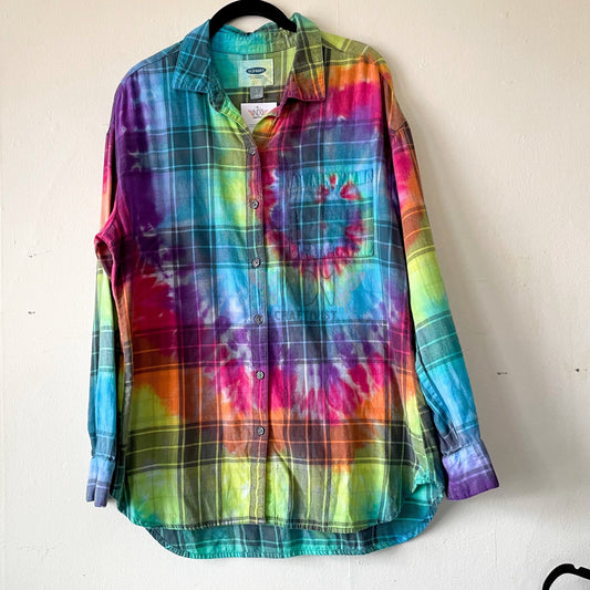 Gray and Rainbow Adult Large Long Sleeve Upcycled Tie Dye Button Down