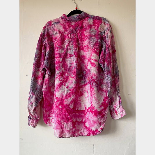 Hot Pink Adult Large Long Sleeve Upcycled Tie Dye Button Down