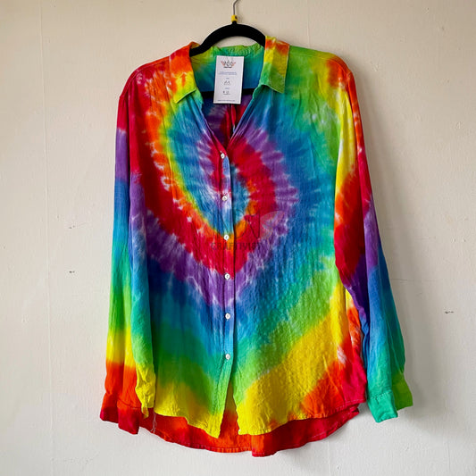Adult Medium Rainbow Upcycled Tie Dye Button Down Shirt