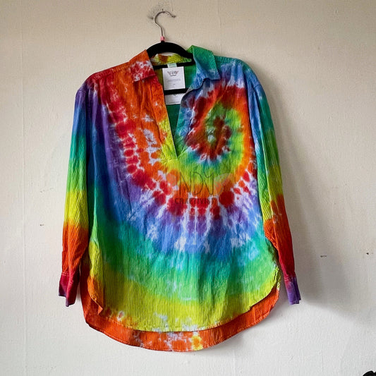 Adult Small Upcycled Tie Dye Button Down Shirt