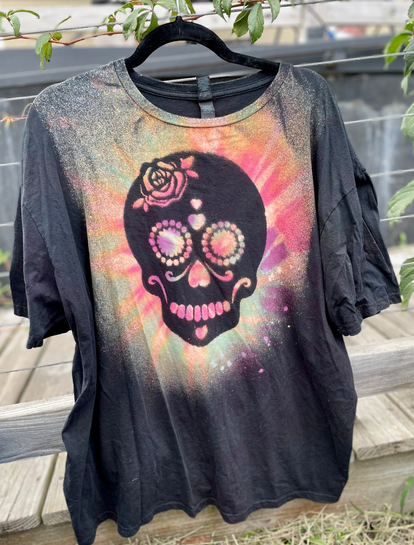 Sugar Skull with Flower Adult Extra Large Halloween Reverse Tie Dye T-shirt