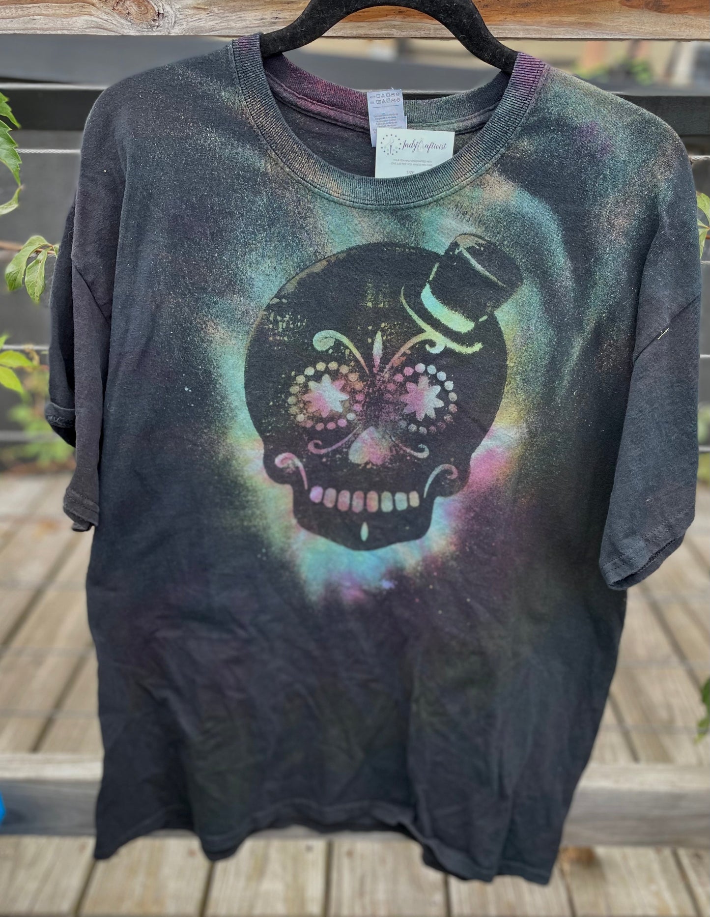 Sugar Skull with Top Hat Adult Extra Large Halloween Reverse Tie Dye T-shirt