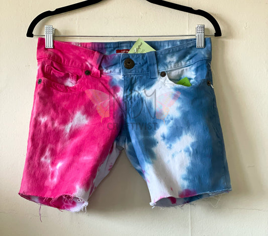 Pink & Blue Upcycled Tie Dyed Denim Shorts