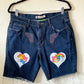 Upcycled Denim Shorts with Care Bear Hearts