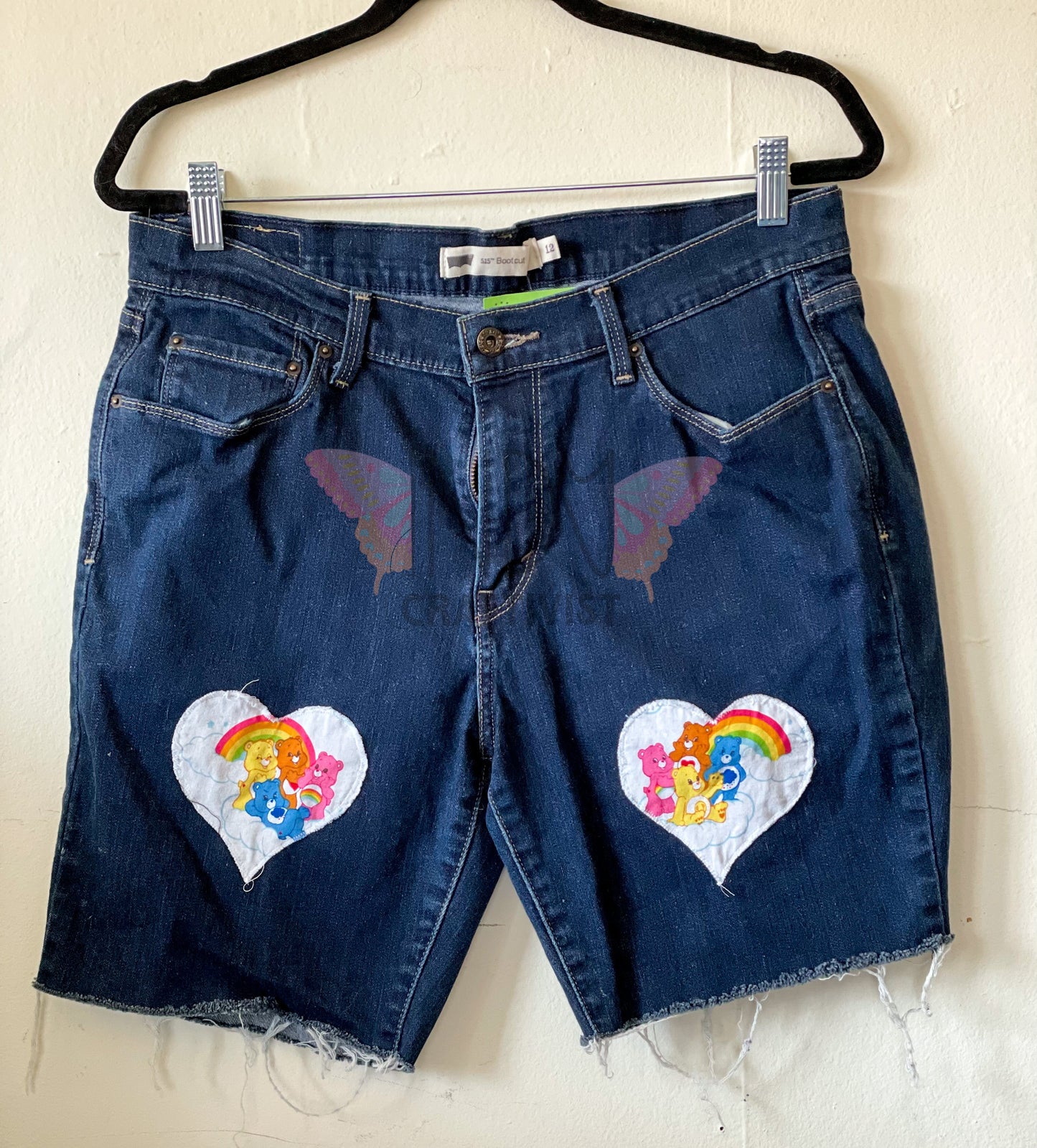 Upcycled Denim Shorts with Care Bear Hearts