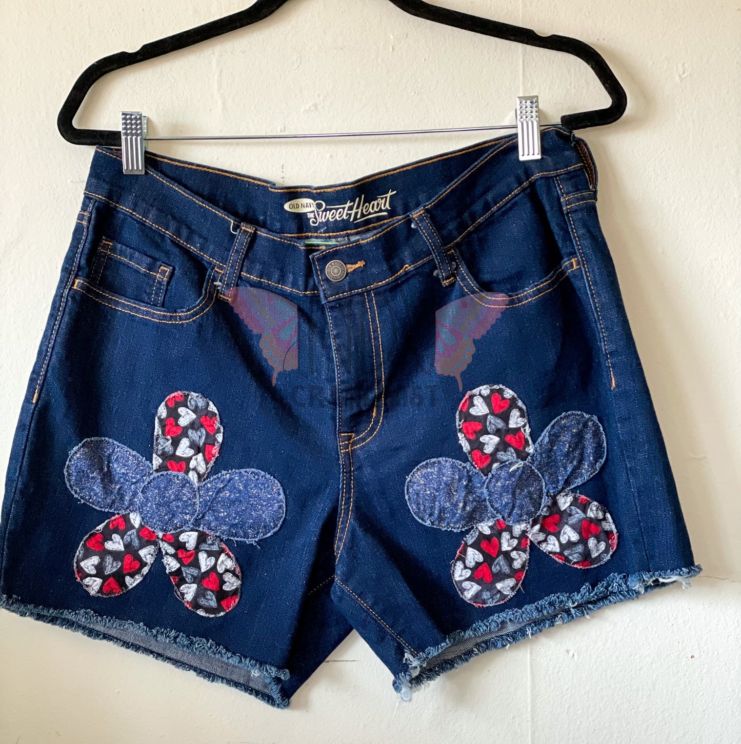 Upcycled Denim Shorts with Heart Flower Detail