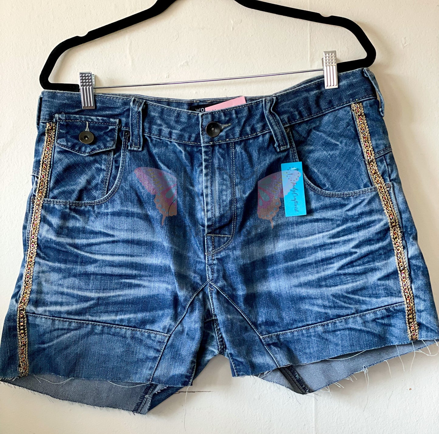 Upcycled Denim Shorts with Metallic Side Trim