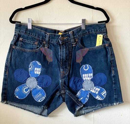 Upcycled Denim Shorts with Colts Flower