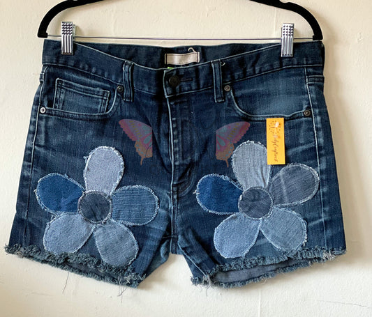 Upcycled Denim Shorts with Denim Flower Detail