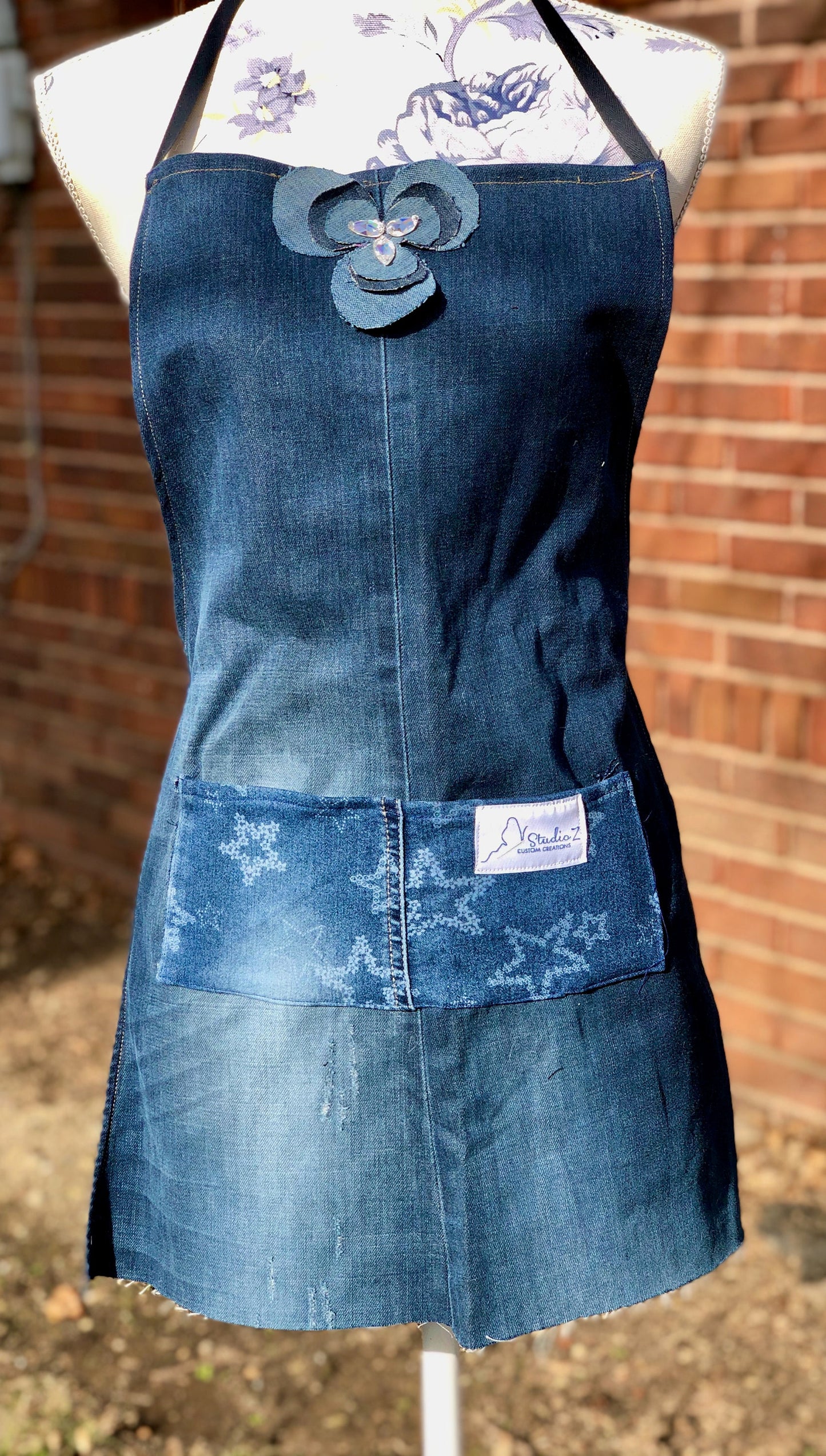 Upcycled Children's Denim Apron with Rhinestone Accent Denim Flower