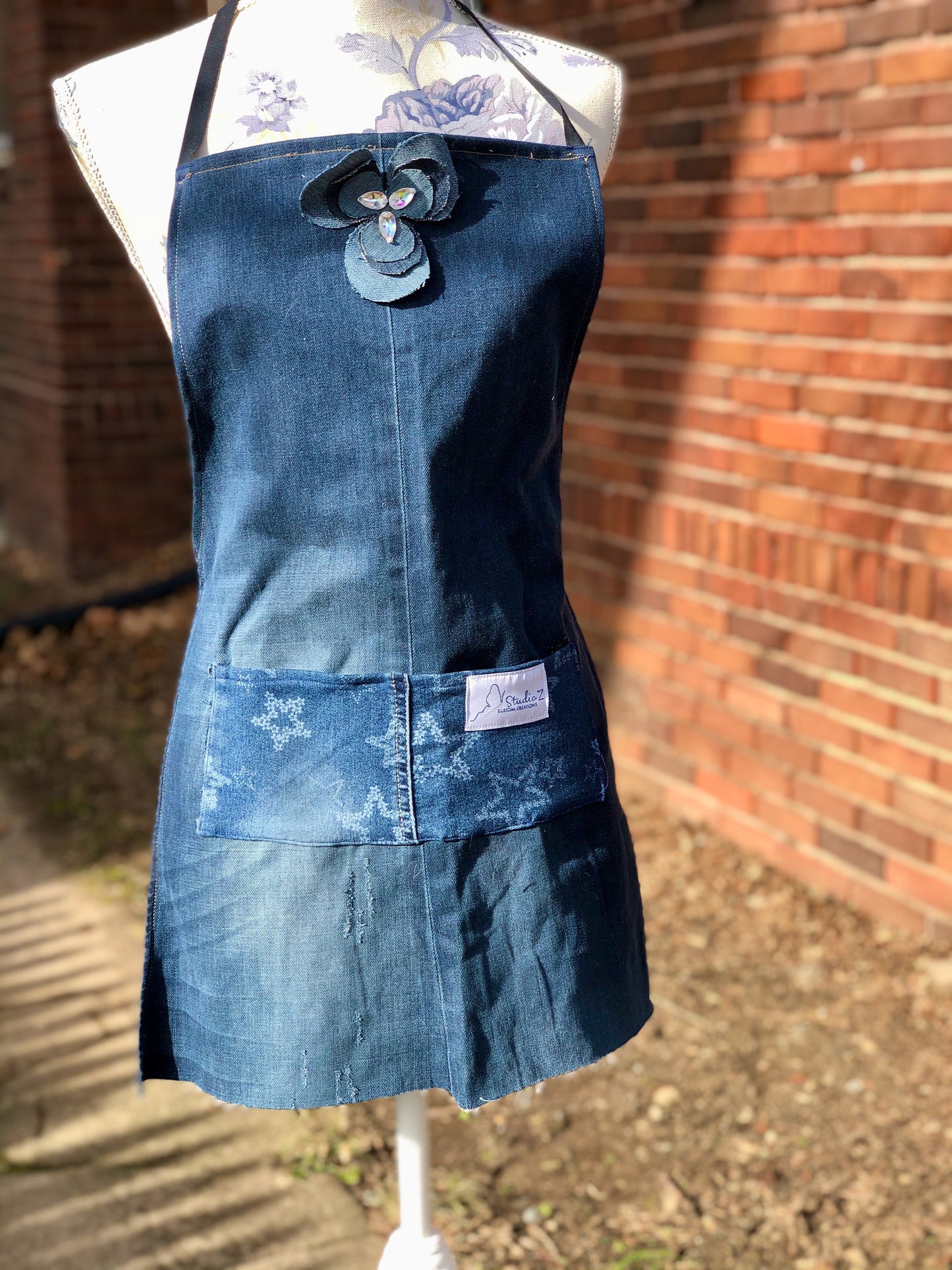 Upcycled Children's Denim Apron with Rhinestone Accent Denim Flower