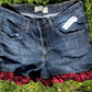 Upcycled Denim Shorts with Red Lace Detail