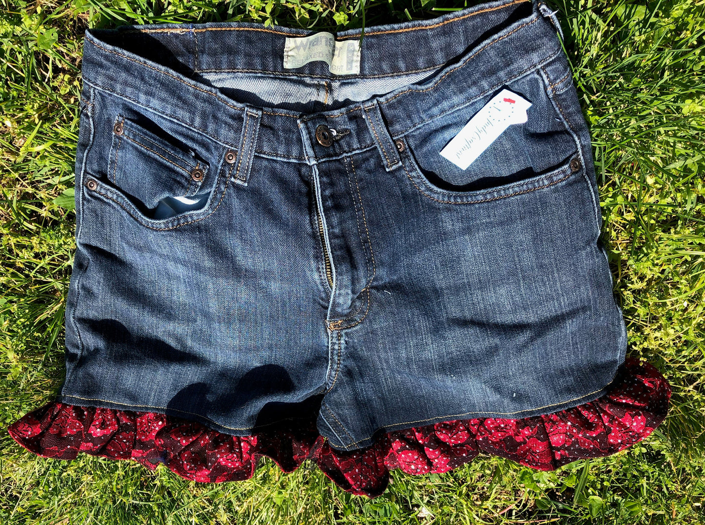 Upcycled Denim Shorts with Red Lace Detail
