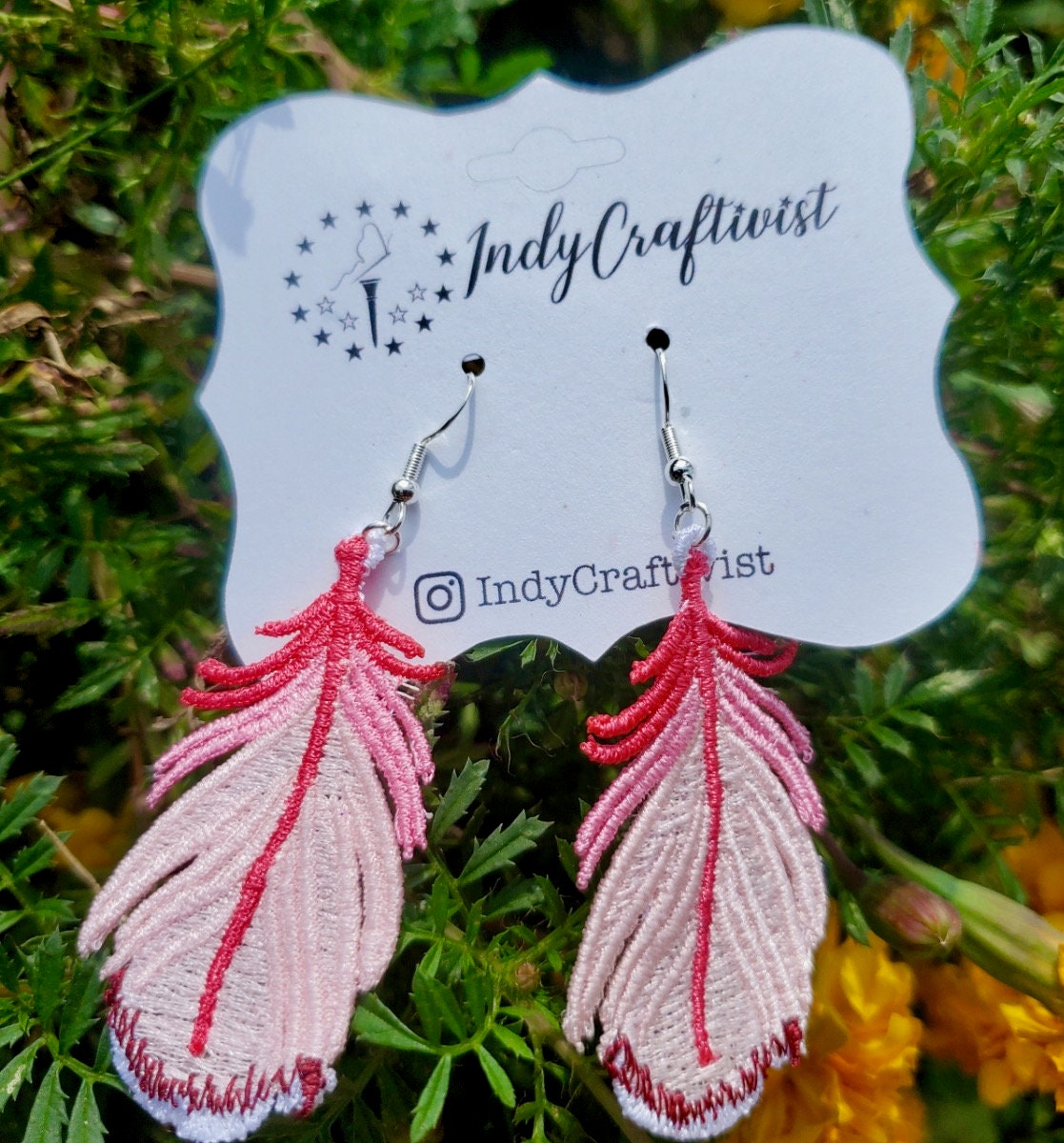 Made-To-Order Pink Freestanding Lace Embroidered Feather Earrings